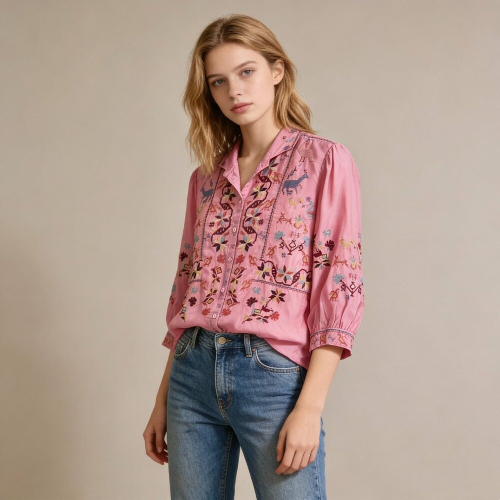 NWOT Johnny Was Biya Embroidered Floral Pink Boho Button-Down Shirt Blouse Sz S